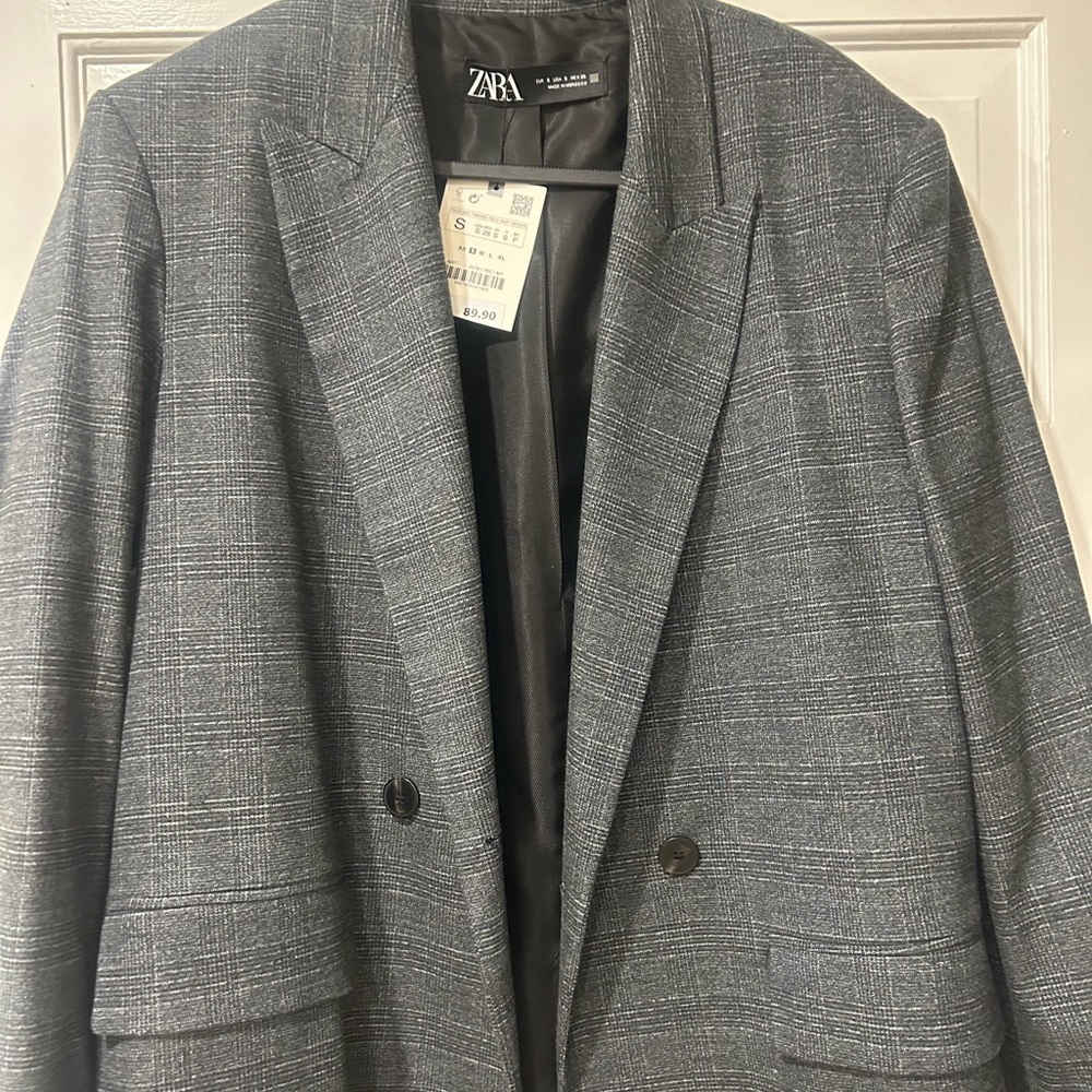Zara Gray Plaid Double-Breasted Blazer